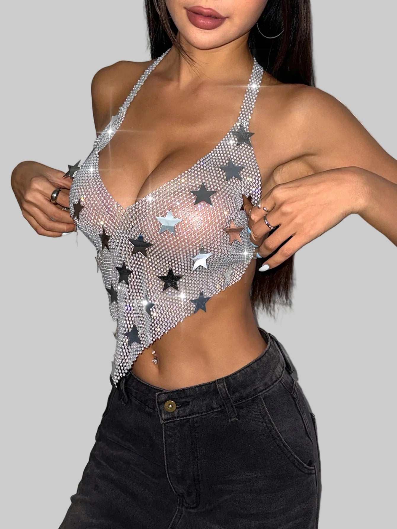 Rhinestone Mesh Star Sequin Crop Top - Sheer Fishnet V-Neck Tank