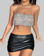 Bling Rhinestone Sequin Halter Crop Top - Backless Metal Tank