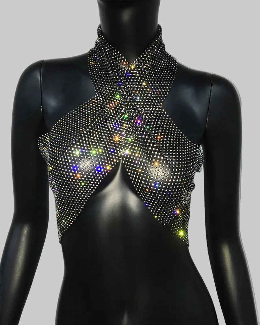 Diamond Fishnet Halter Top - Rhinestone Backless Performance Cami