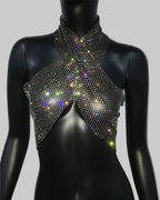 Diamond Fishnet Halter Top - Rhinestone Backless Performance Cami