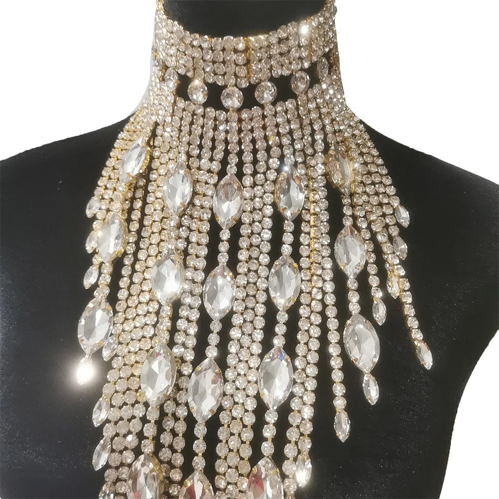 Rhinestone Choker Necklace - Statement Jewelry with Tassel for Stage & Performance