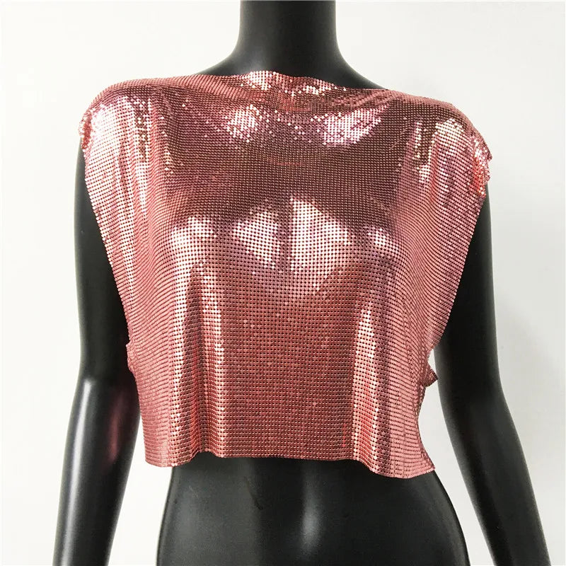 Metallic Sequin Patchwork Crop Top - Hollow-Out O-Neck