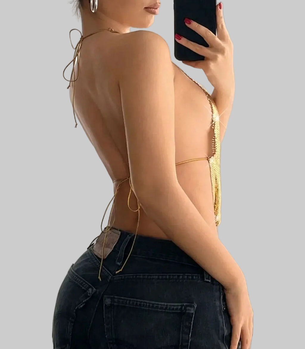 Sequin Halter Backless Camisole - Deep V Neck Crop Top