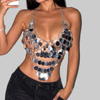 Metal Chain Sequin Halter Camisole - Deep V-Neck Backless Crop Top