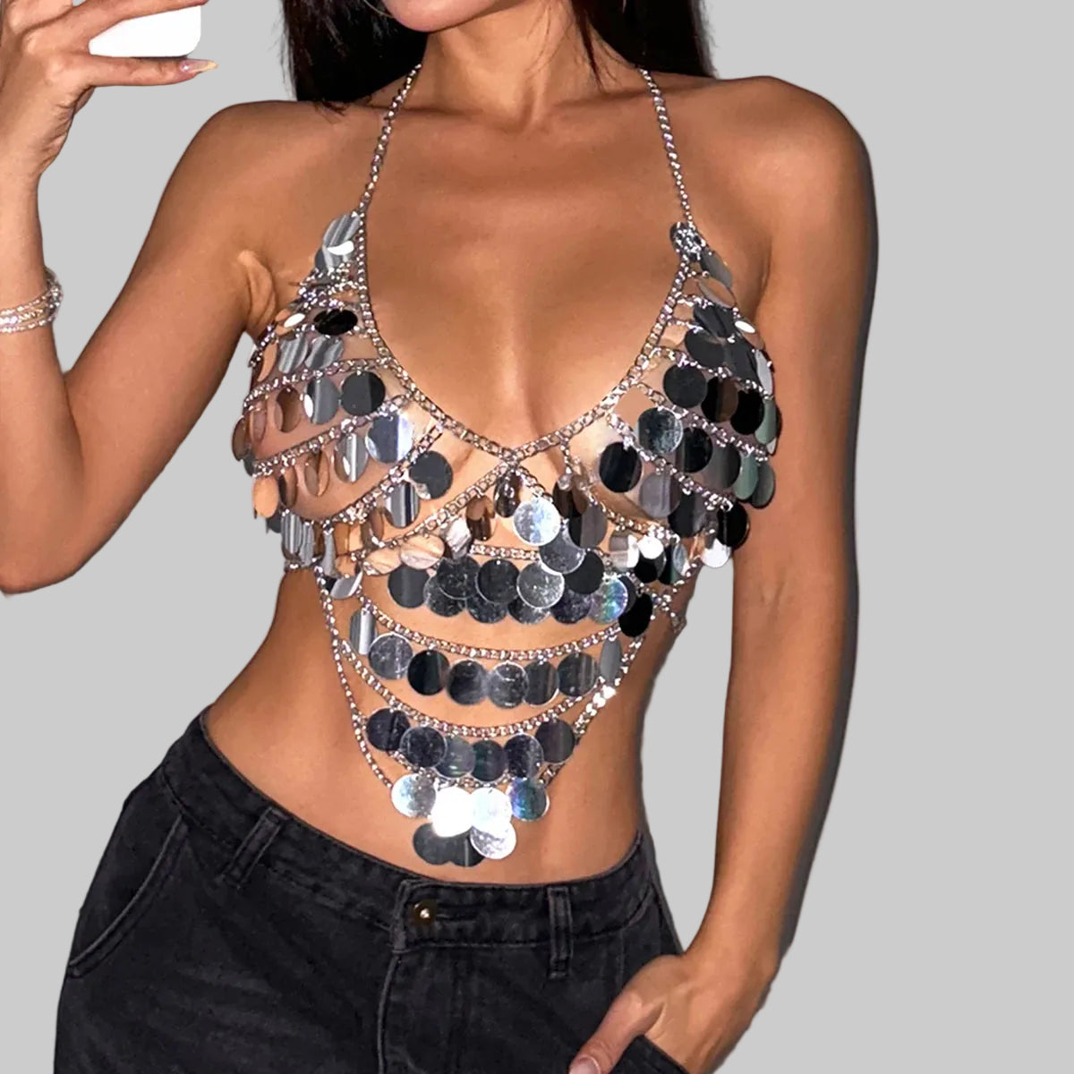 Metal Chain Sequin Halter Camisole - Deep V-Neck Backless Crop Top