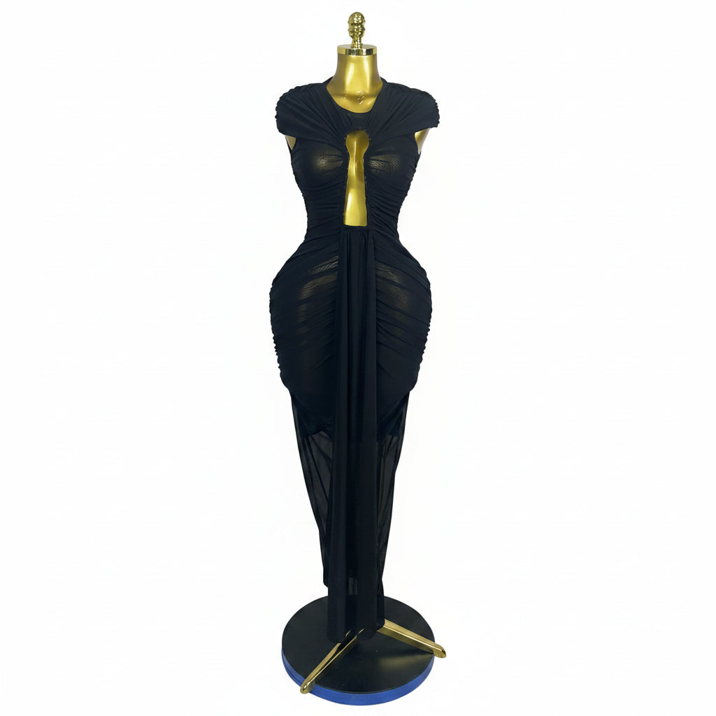 Mesh Bodycon Maxi Dress | O-Neck | High Slit | Stage