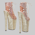 Leopard Glitter 9-Inch Platform Open-Toe Pole Dance Boots