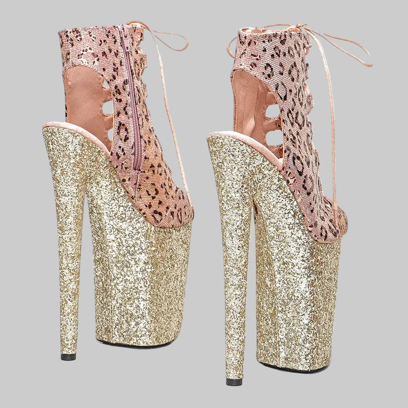 Leopard Glitter 9-Inch Platform Open-Toe Pole Dance Boots