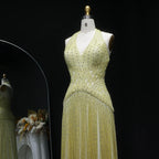 Yellow Beaded Tassel Mermaid Gown | Halter V-Neck | Floor-Length