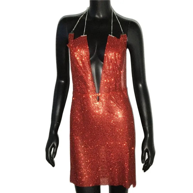 Sparkly Rhinestone Backless Halter Mini Dress - Metal Chain Party Dress