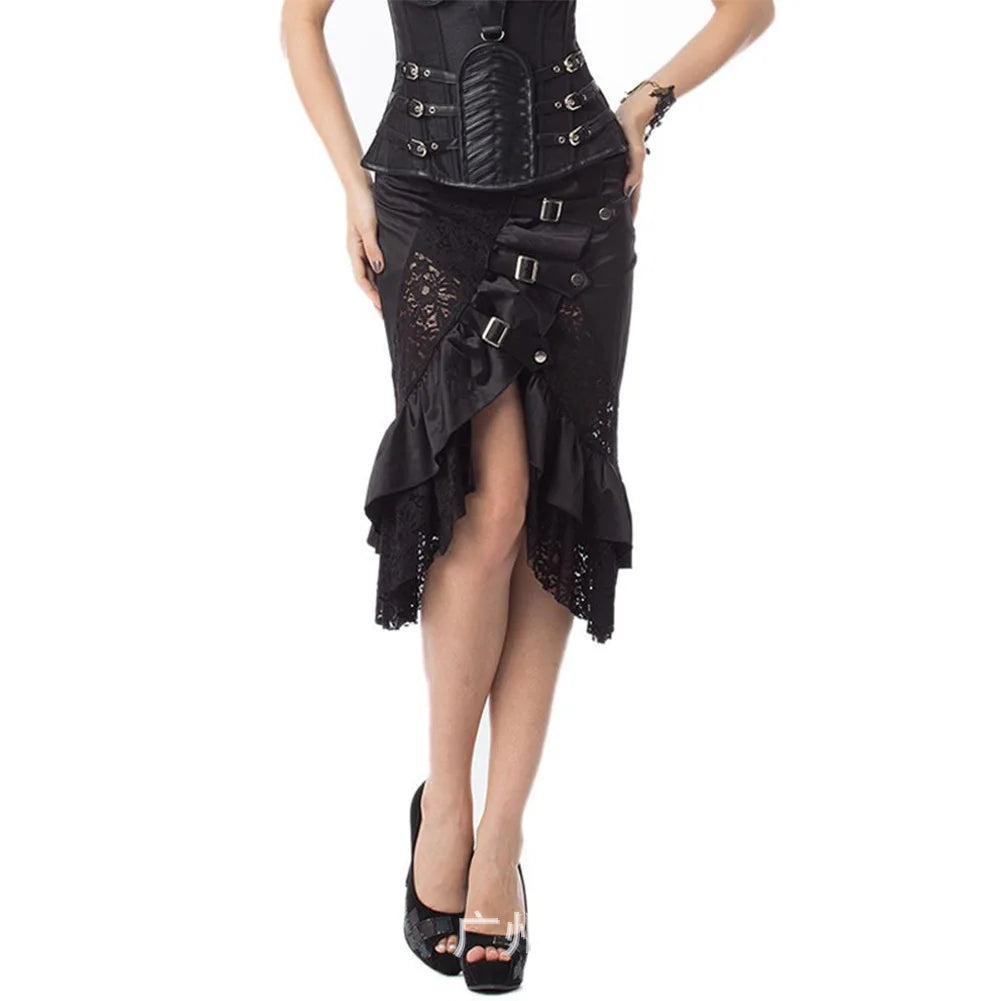 Gothic Satin & Lace Ruffle Skirt | Buckle Detail | S-6XL