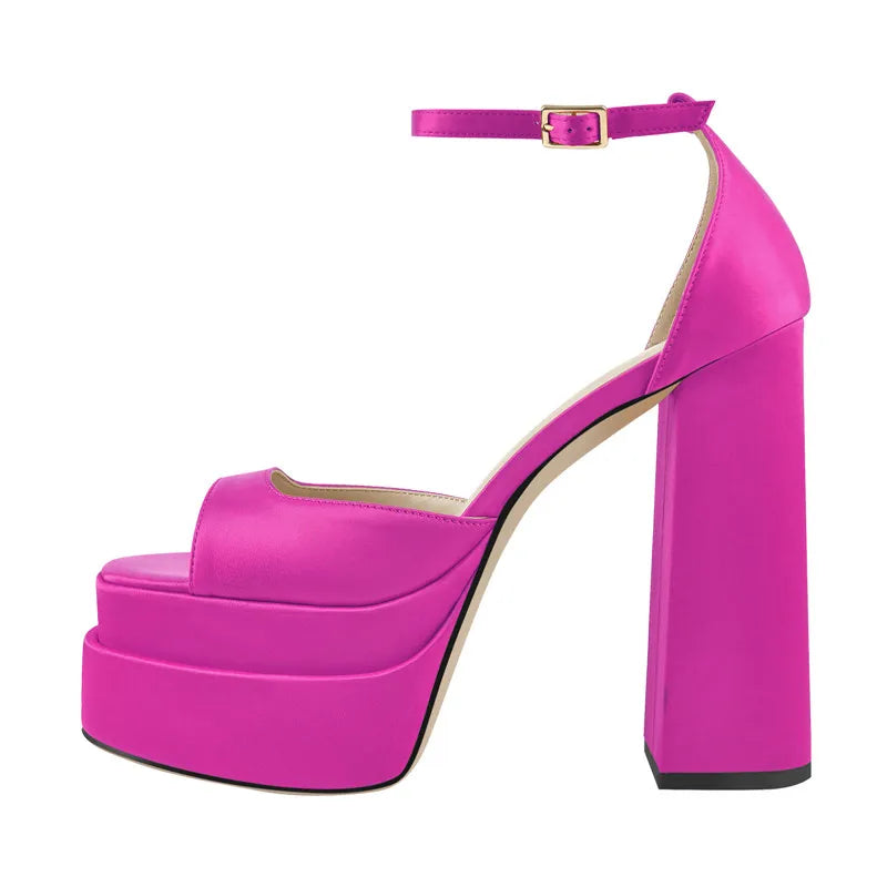 Satin Platform Sandals | Buckle Strap | 14cm Square Heel | Sizes US 5–15