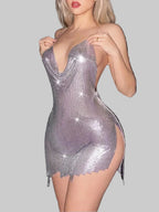 Metal Sequin Backless Halter Mini Dress - Asymmetrical Hem Party Dress