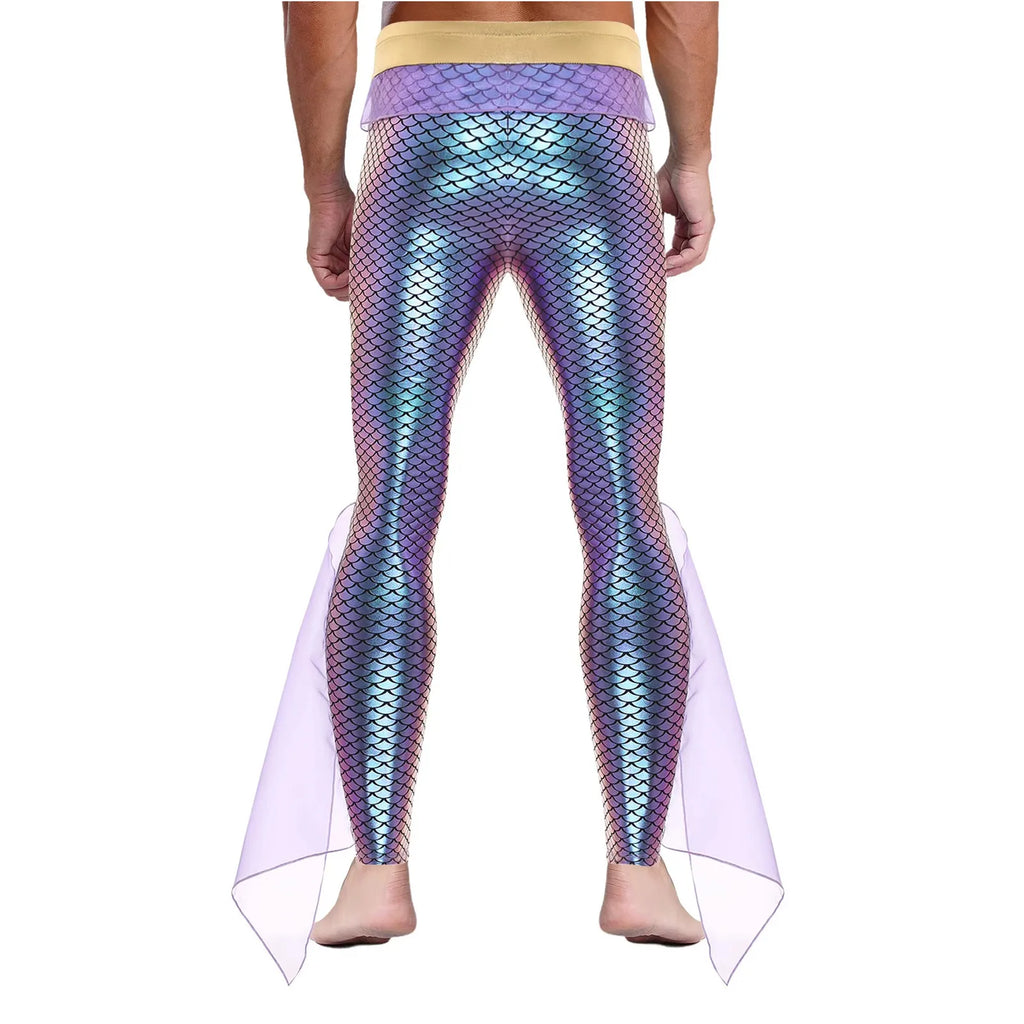 Men's Mermaid Leggings | Metallic Fish-Scale Print | Tulle Trim