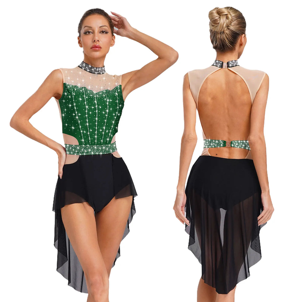 Dance Leotard Dress | Rhinestone Mesh Overlay