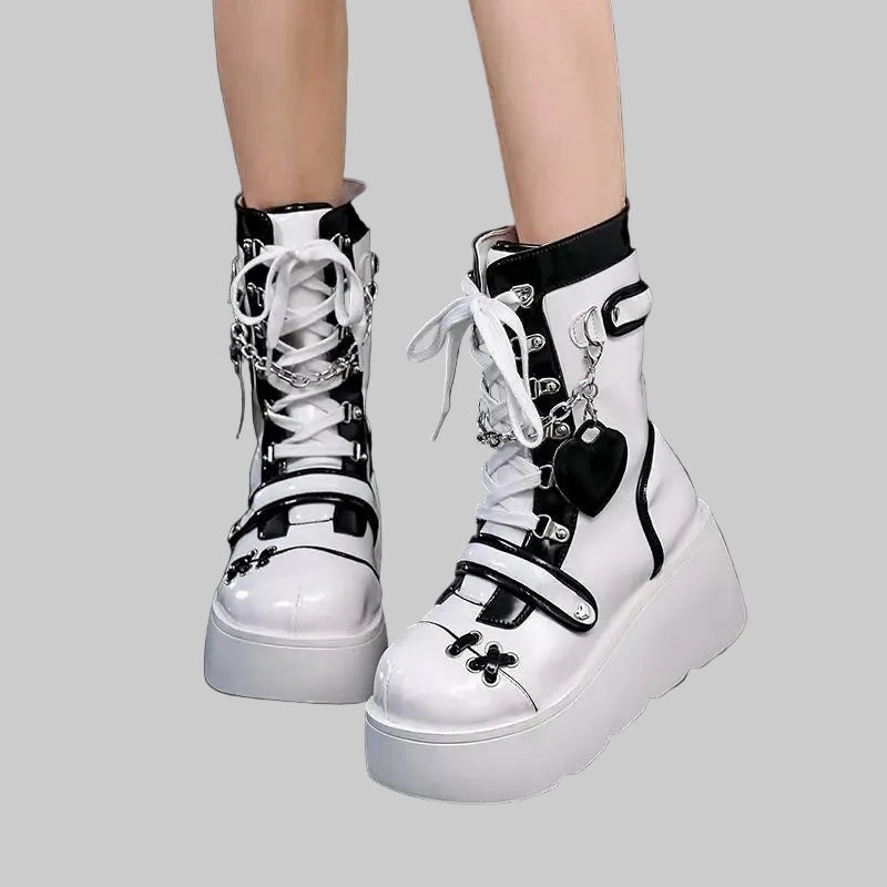 Chunky Platform Ankle Boots - Punk Wedge Heel Boots with Buckle Detail