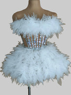 Dazzling White Feather & Rhinestone Showgirl Mini Dress - Performance & Cabaret Gown