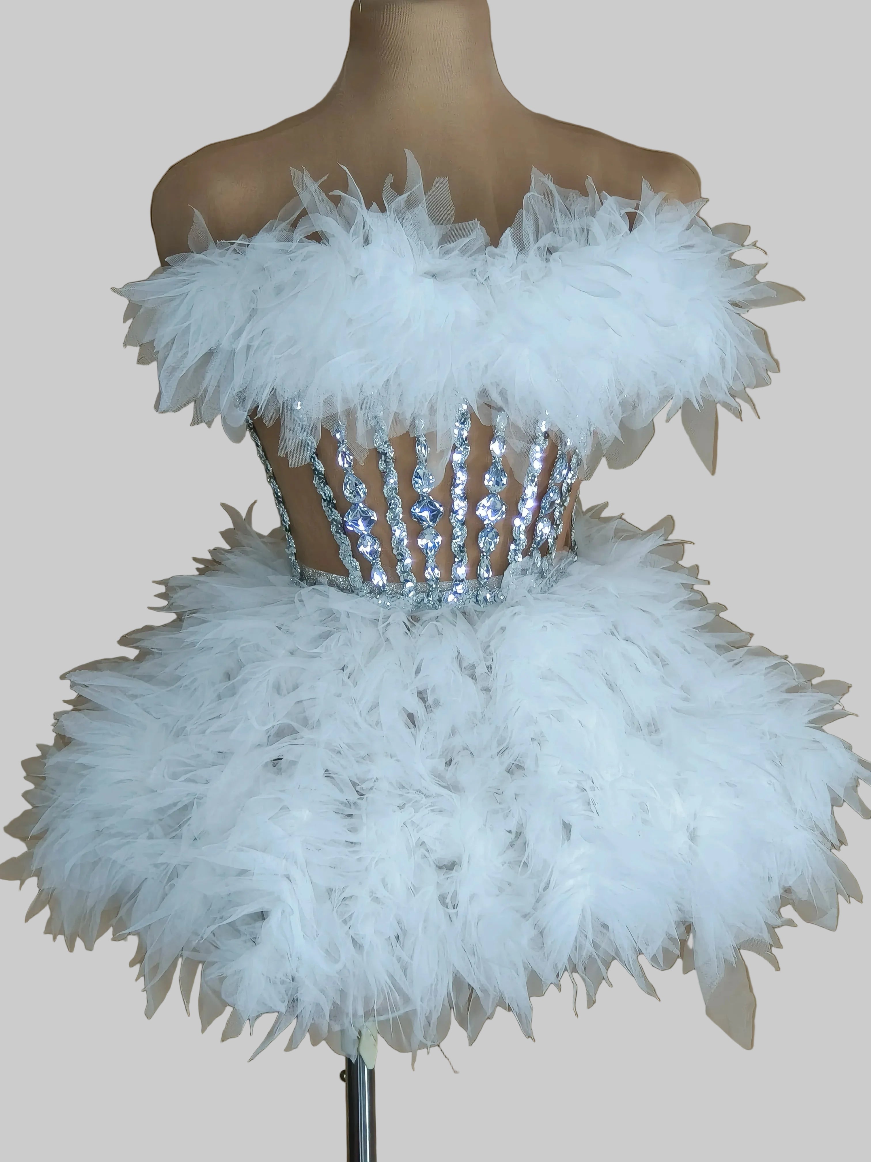 Dazzling White Feather & Rhinestone Showgirl Mini Dress - Performance & Cabaret Gown