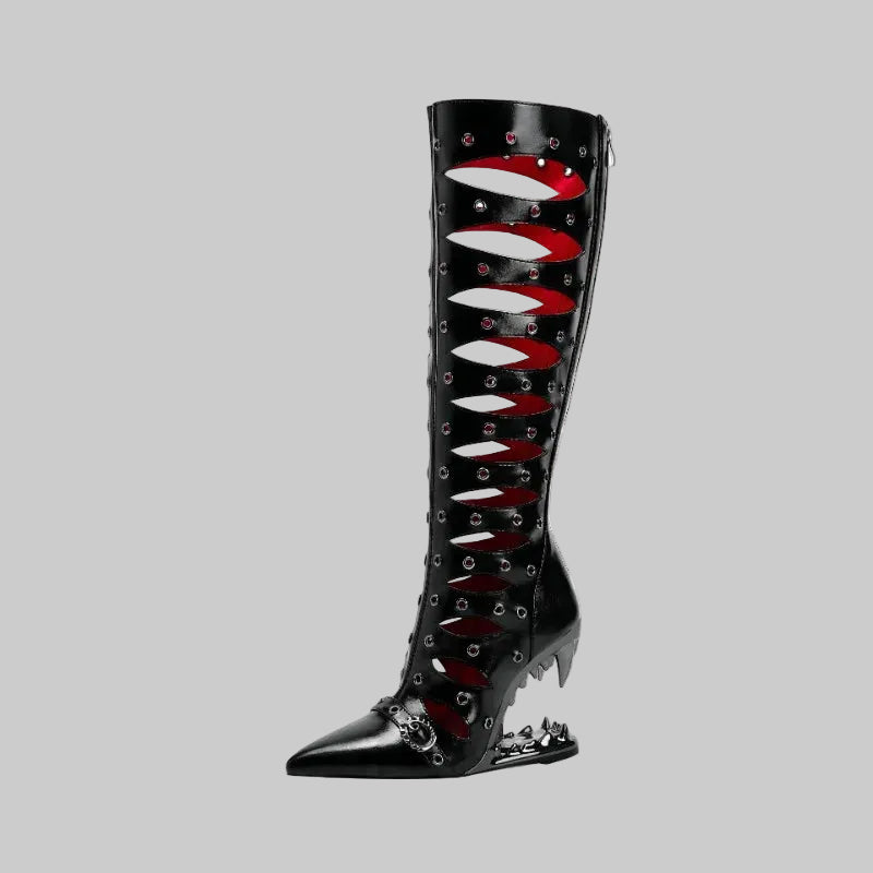 Hollow-Out Knee-High Boots - Patchwork Design with Metal Toe Cap