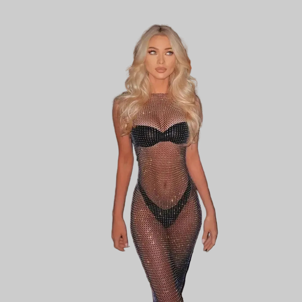 Rhinestone Mesh Maxi Dress - Off Shoulder See-Through Gown