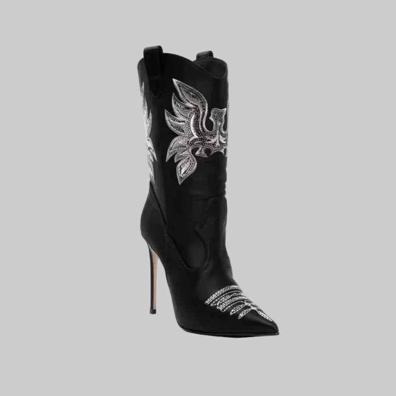 Denim Western Cowboy Boots - Embroidered Stiletto Heel Ankle Boots