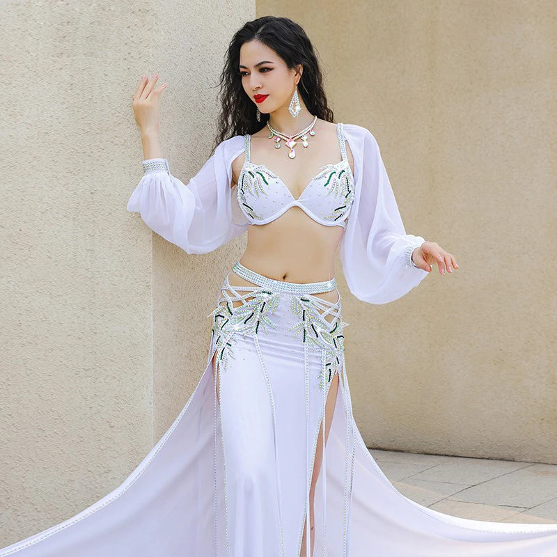 Long Sleeve Belly Dance Costume Set | Bra & Maxi Skirt | White