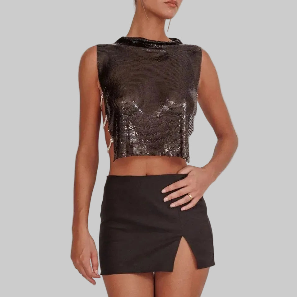 Metal Sequin Backless Crop Top with Rhinestone Chain