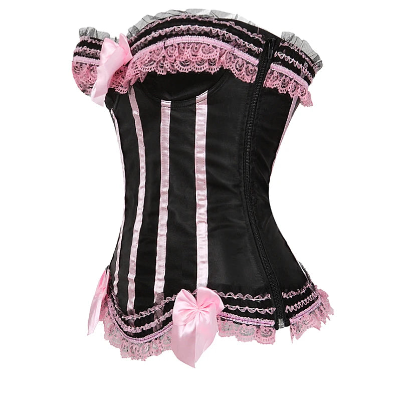 Striped Brocade Overbust Corset Top | Lace Trim & Bow | 10 Colours | S–6XL