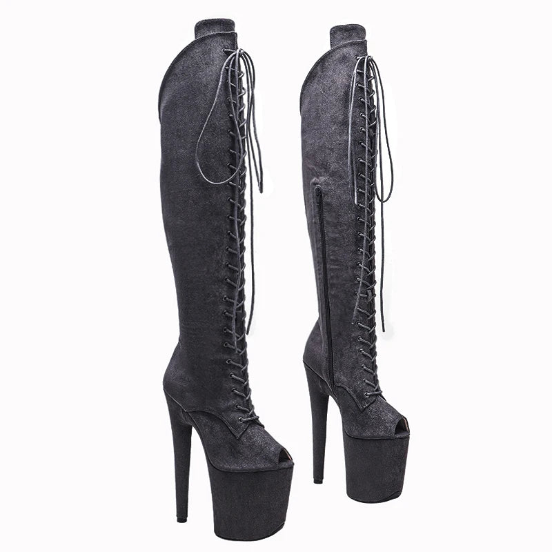 8-Inch Suede Thigh-High Boots - Open Toe Platform Dance Boots