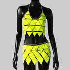 PU Leather Geometry 2-Piece Set - Backless Top & Mini Skirt Rave Outfit
