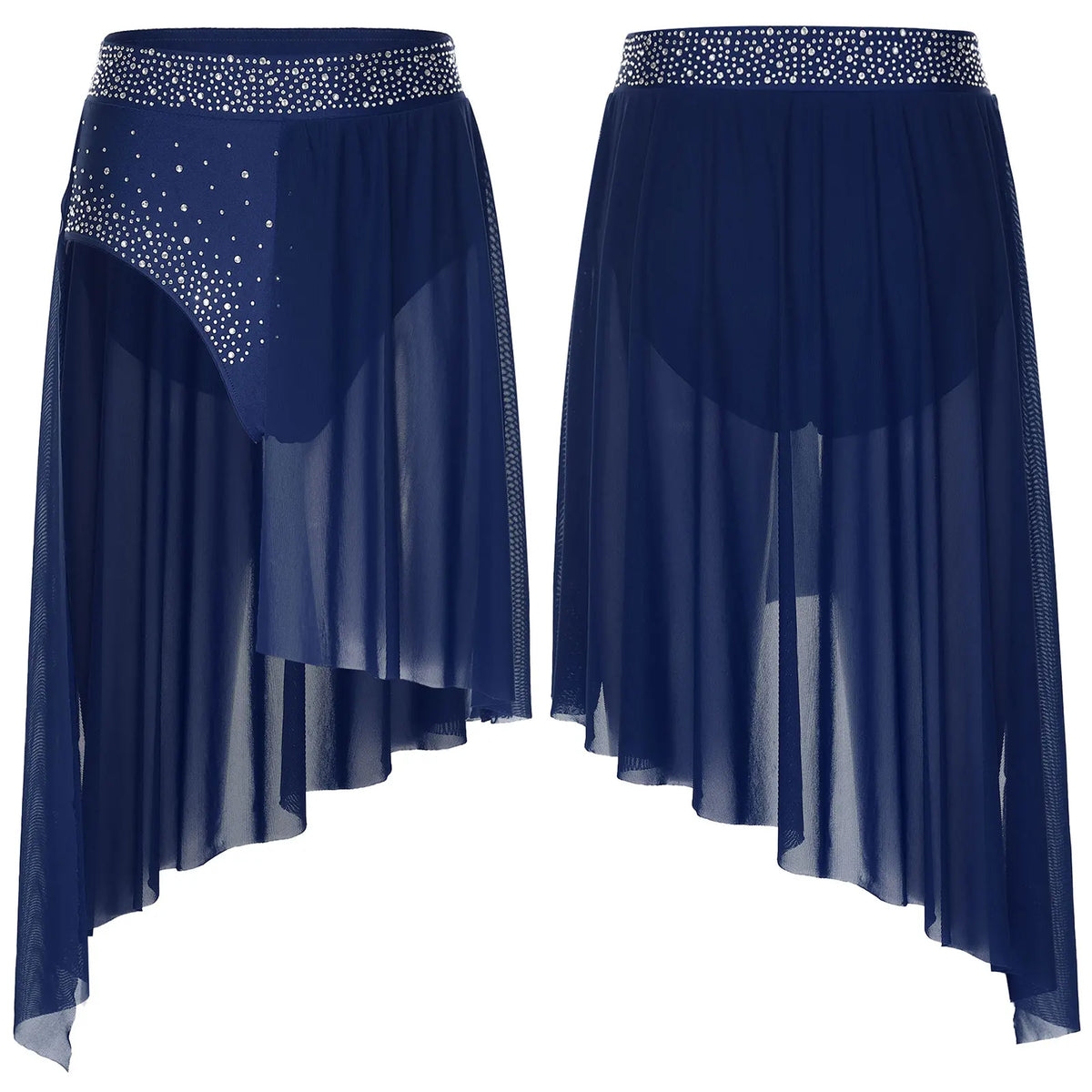 Rhinestone Mesh Dance Skirt | Asymmetric Hem | Built-In Briefs