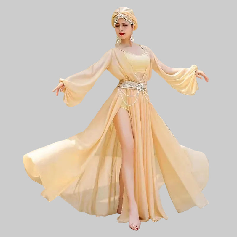 Muwashahat Belly Dance Dress Set - Baladi Satin Gown with Pearl Belt & Veil