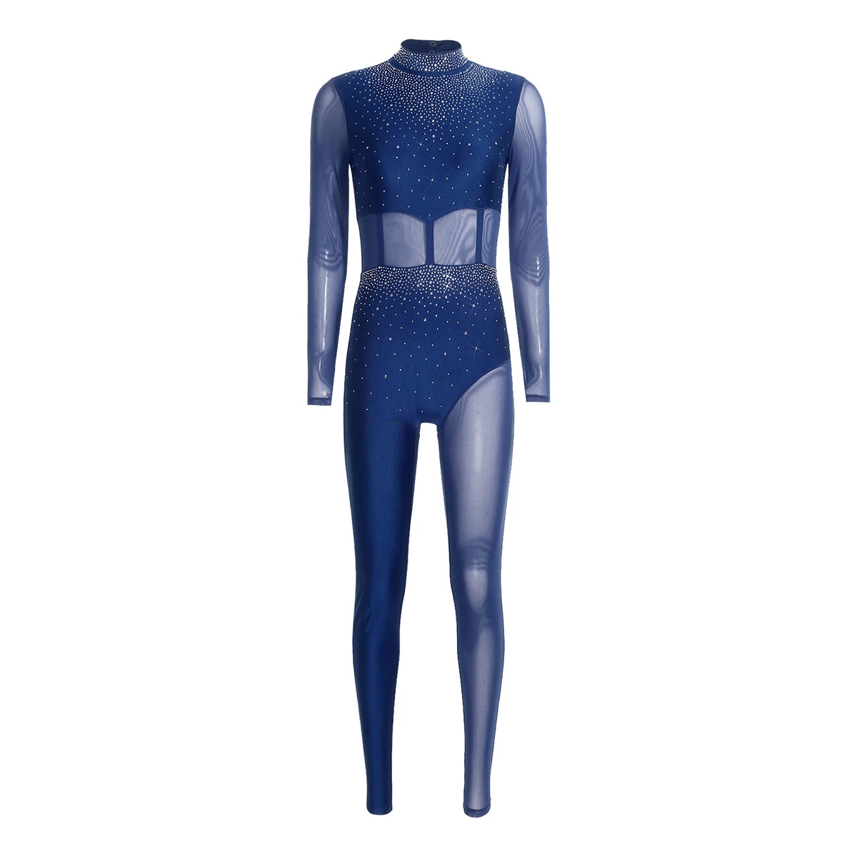 Women's Rhinestone Sheer Mesh Dance Jumpsuit | Mock Neck & One-Shoulder Styles | Gymnastics & Performance