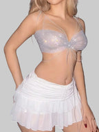 Rhinestone Mesh V-Neck Crop Top - Sheer Backless Fishnet Tank