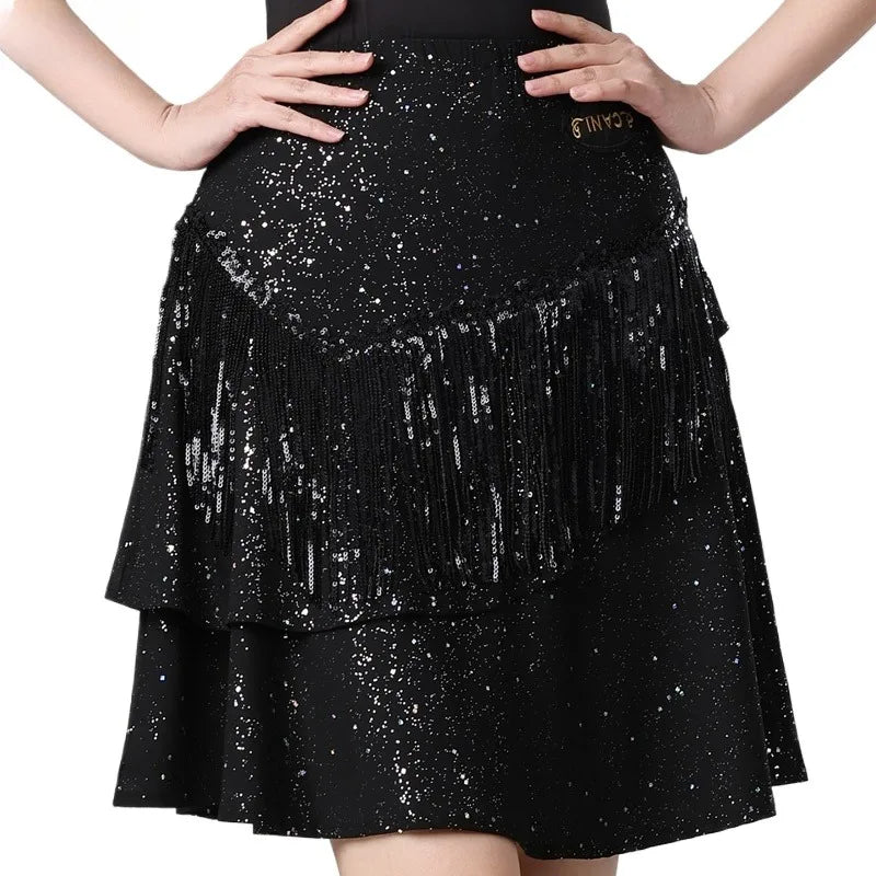 Tiered Ruffle Latin Dance Skirt | Metallic Shimmer | Practice & Performance | Black