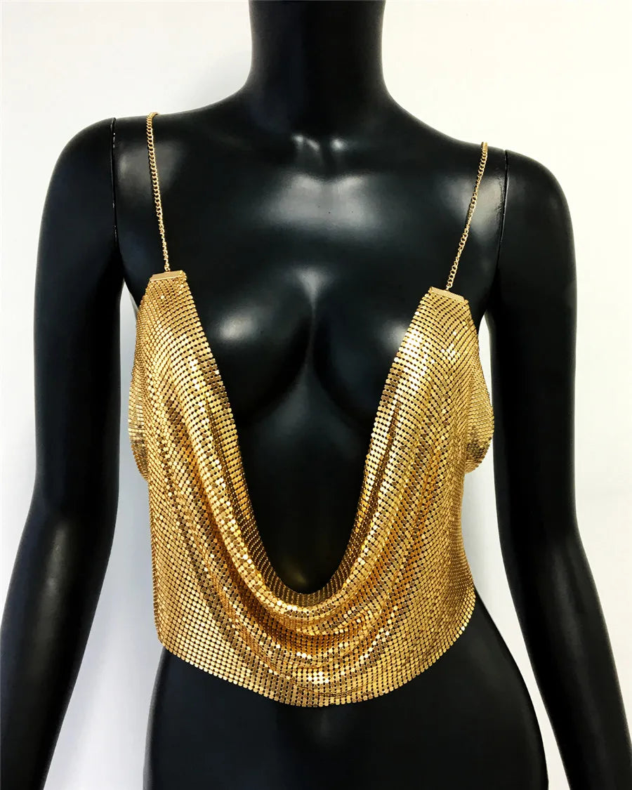 Metallic Sequin Halter Crop Top - Backless Deep V-Neck