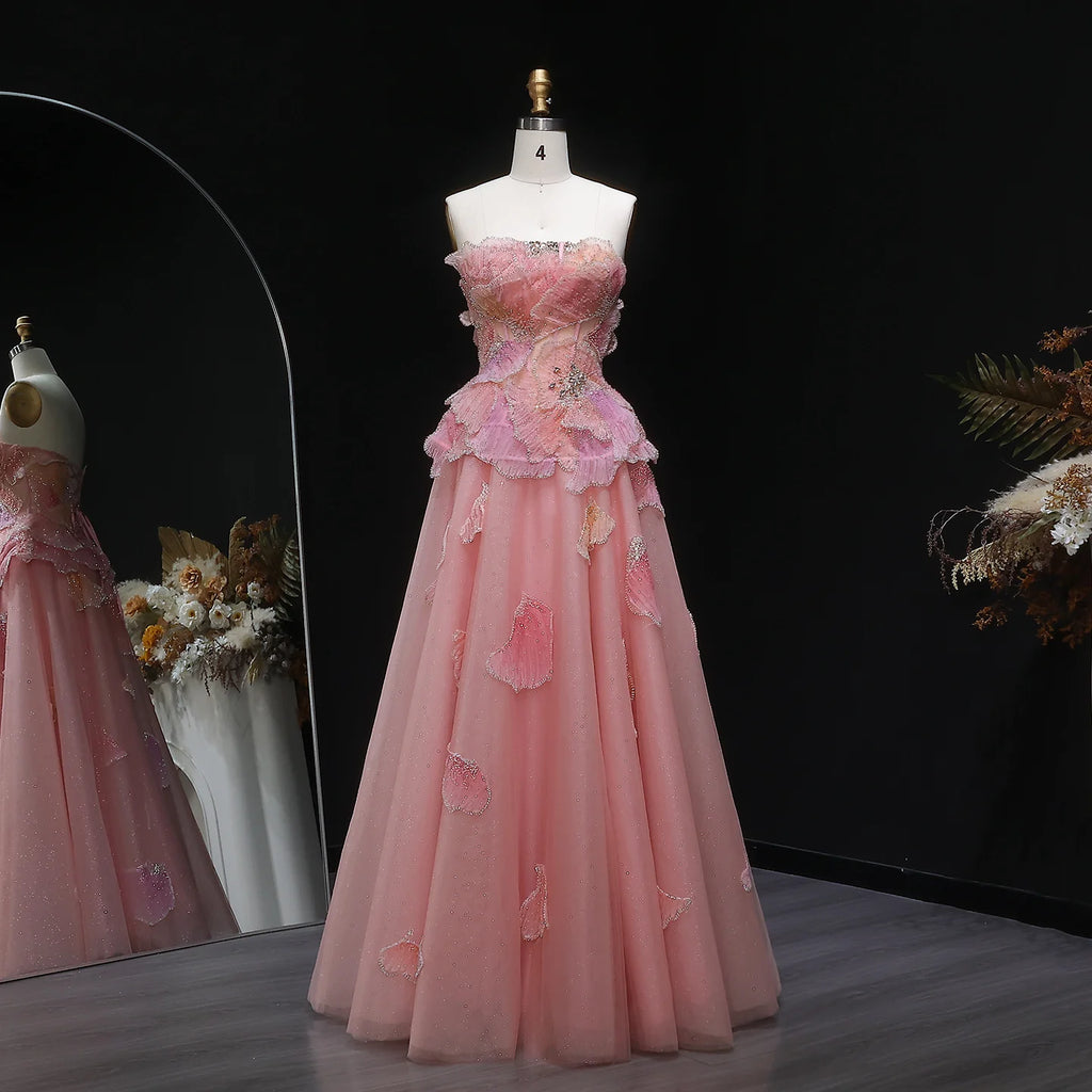 3D Floral Crystal Gown | Strapless Draped Tulle | Pink