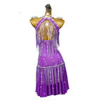 Purple Rhinestone Latin Dance Dress with Fringe & Tassel Details