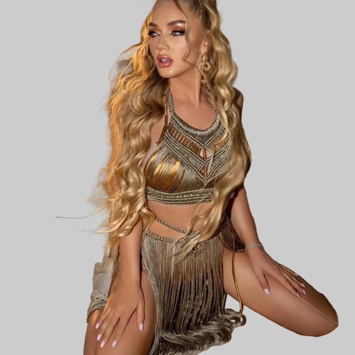 Bohemian Desert Dream Tassel Crop Top & Maxi Skirt Set - Festival & Performance Wear