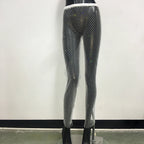 Rhinestone Fishnet Wide Leg Pants - Sheer Mesh Trousers