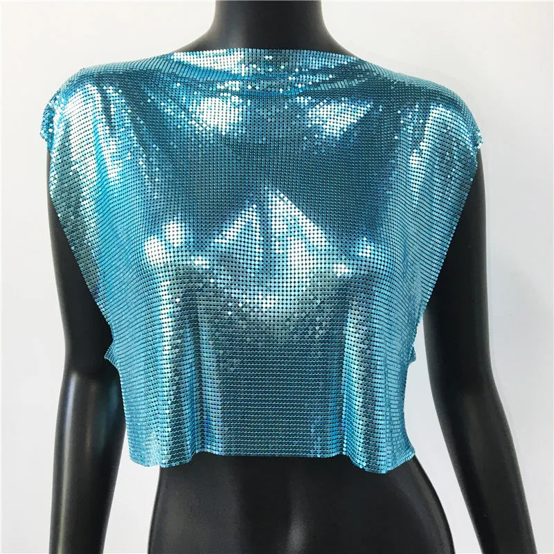 Metal Sequin Crop Top - Sleeveless Party Tank Top