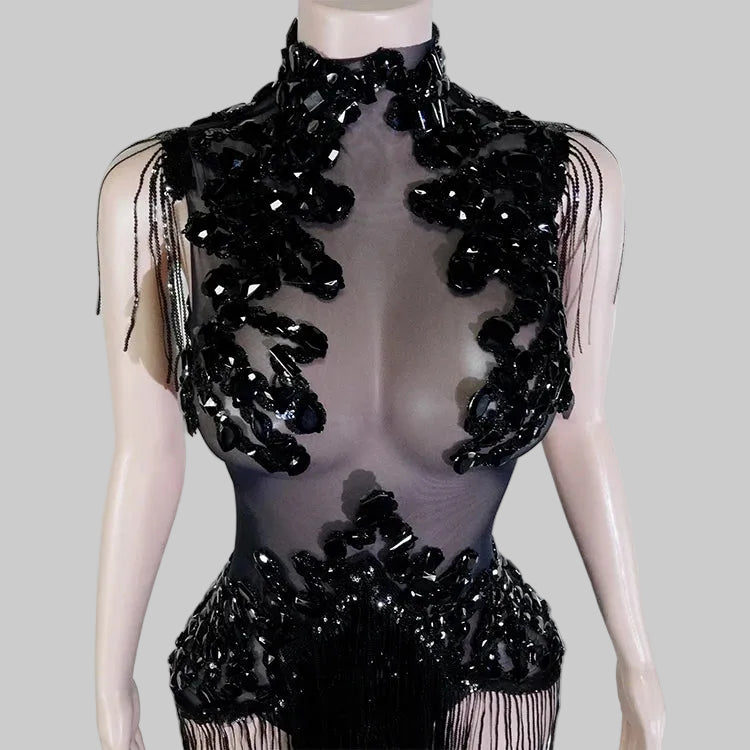 Sexy Mesh Sheer Black Rhinestone Bodysuit