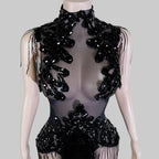 Sexy Mesh Sheer Black Rhinestone Bodysuit