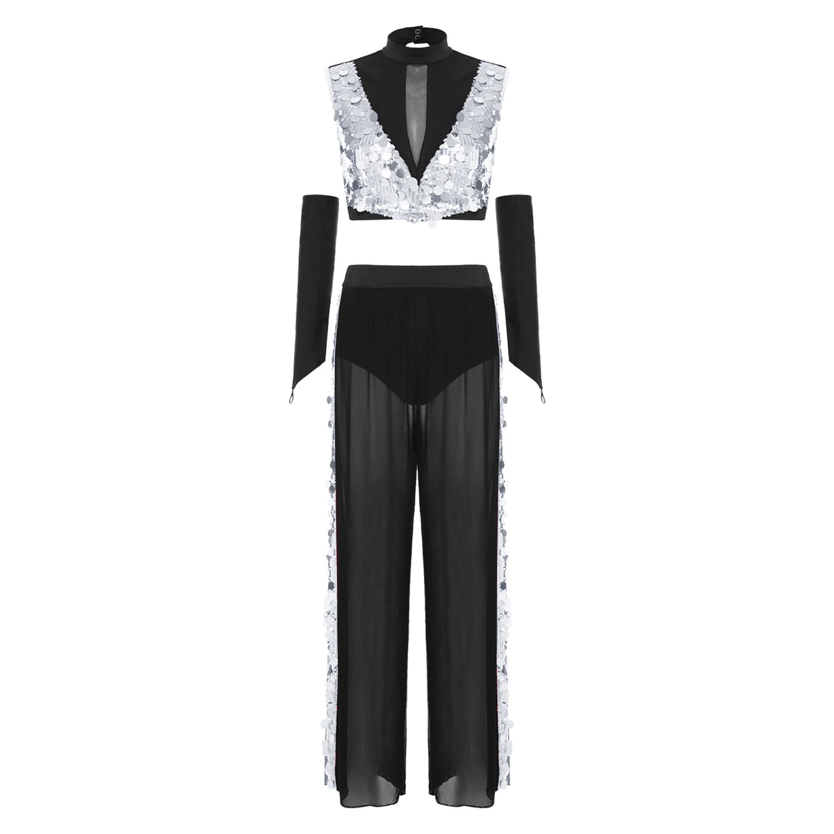 Sequin Crop Top, Mesh Pants & Gloves Set | Sleeveless Backless | Lyrical Stage Performance