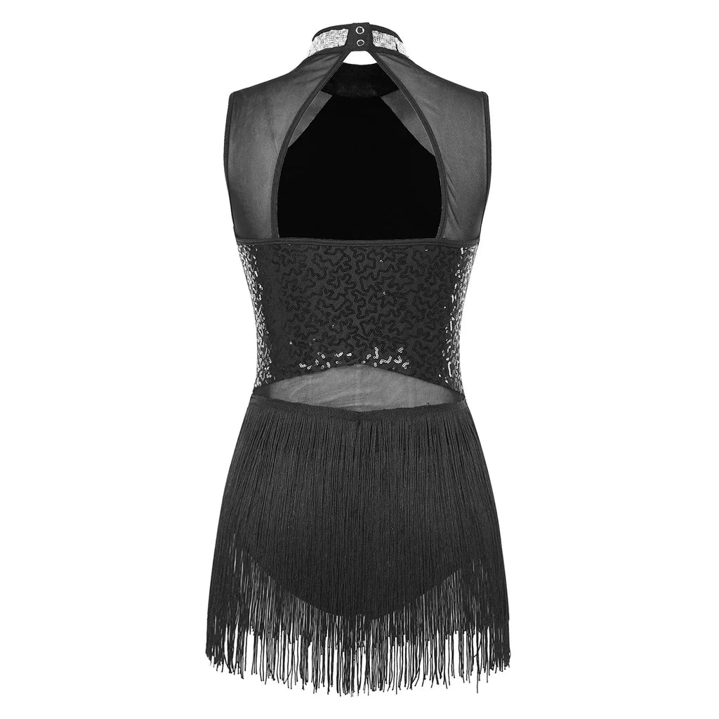 Sequin Tassel Leotard Dress | Mock Neck | Latin Dance