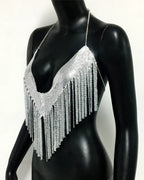 Metal Sequin Tassel Deep V-Neck Halter Crop Top