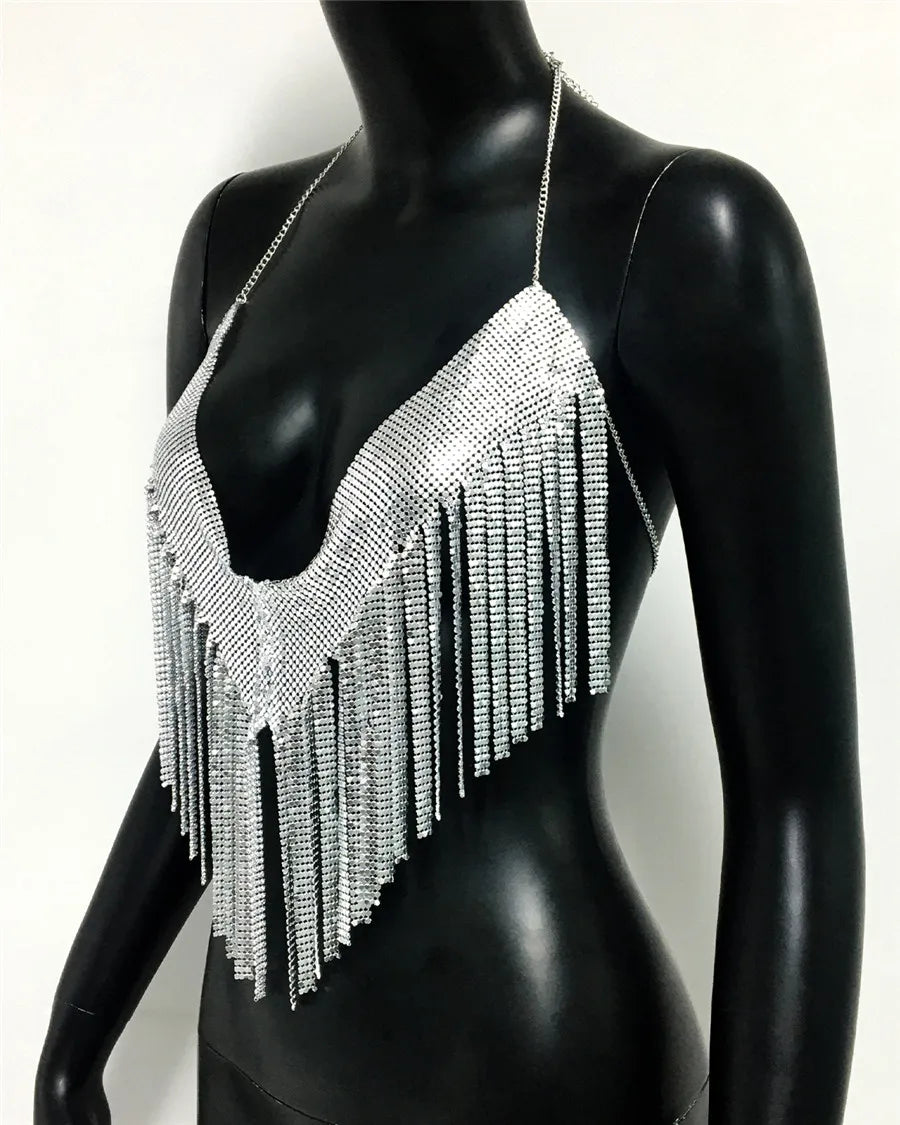 Metal Sequin Tassel Deep V-Neck Halter Crop Top