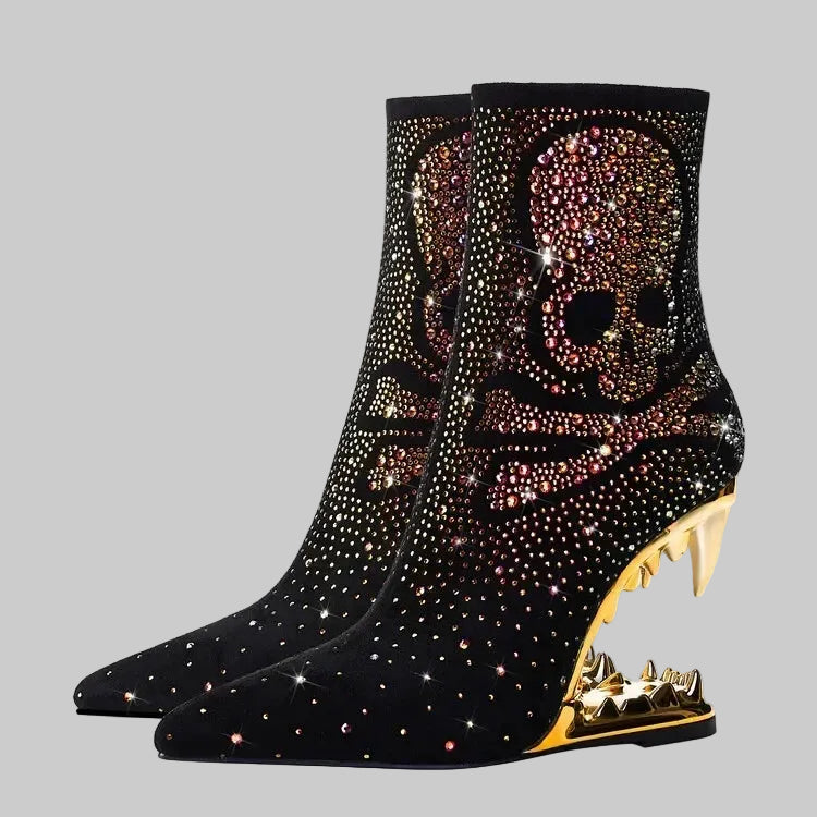 Flame Rhinestone Velvet Ankle Boots - Crystal Wedge Heel Boots