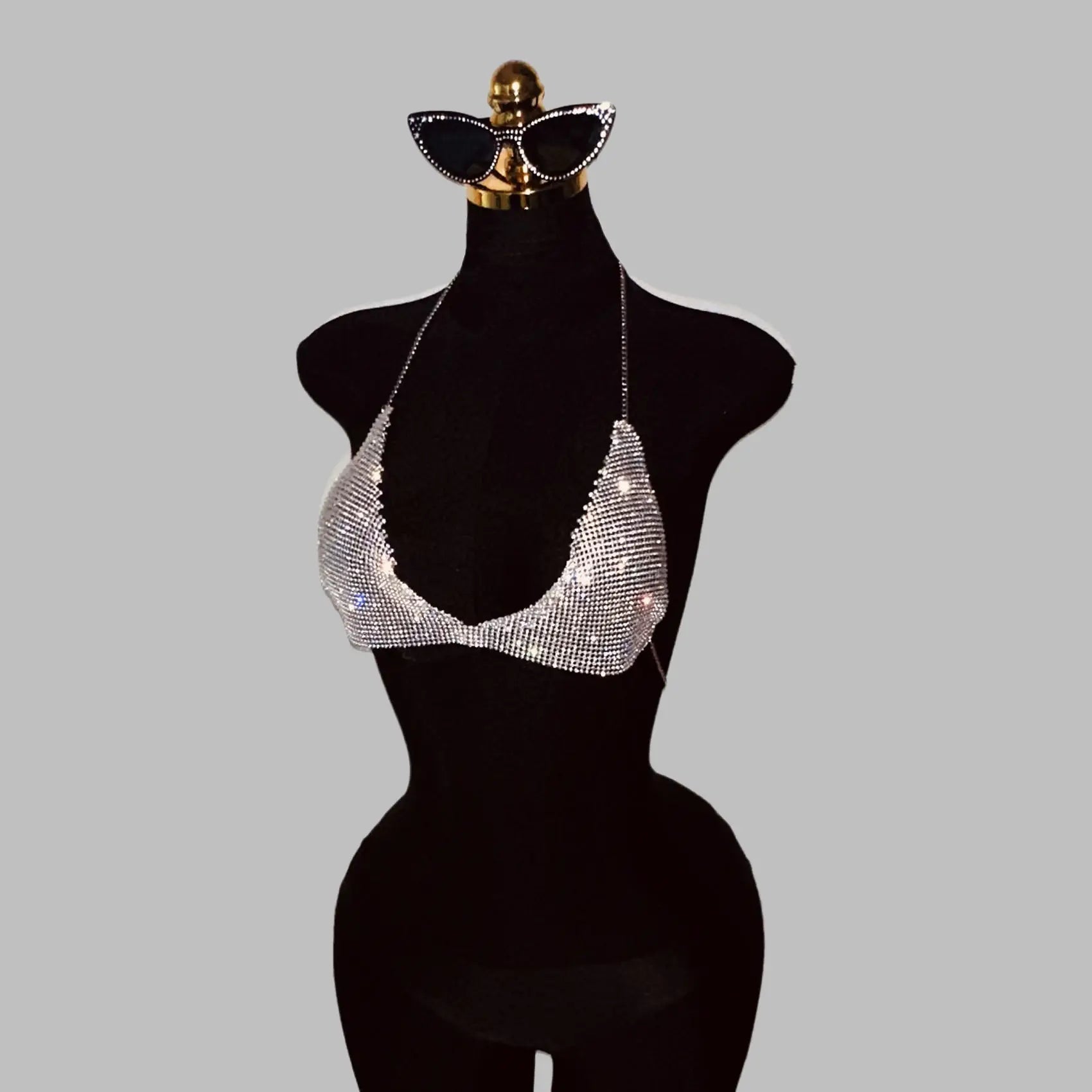 Rhinestone Metal Chain Deep V-Neck Halter Crop Top