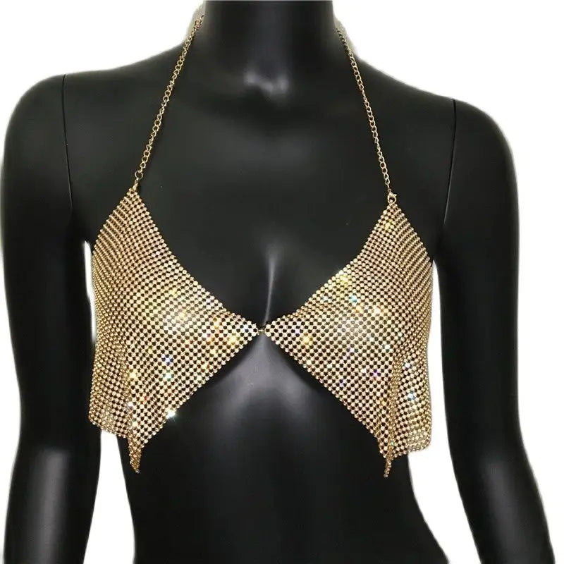 Rhinestone Halter Crop Top - Backless V-Neck Performance Cami